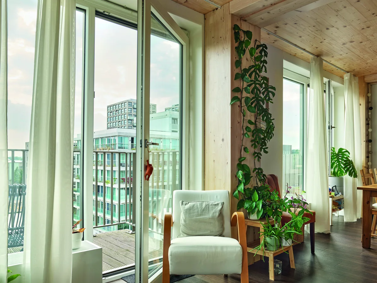 Bright interior of a Finch home with an exposed wood ceiling