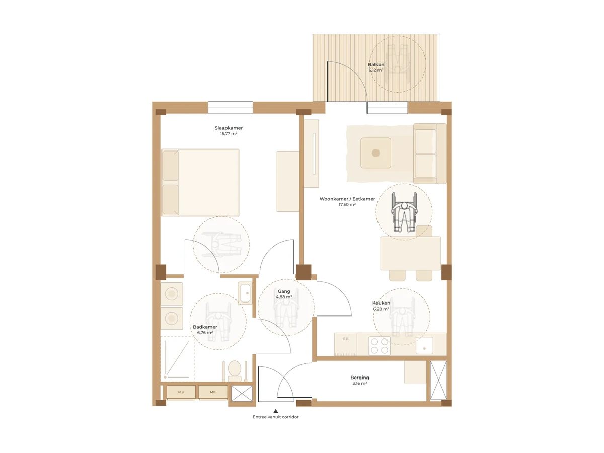 Floor plan of a 2-room assisted-living unit according to PMC-19, 56.52 m² gross floor area