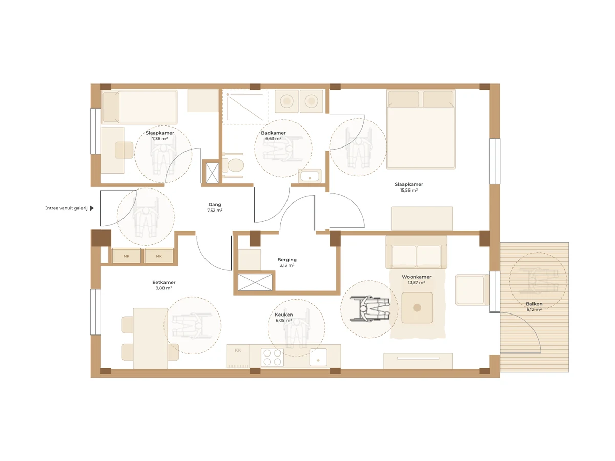 Floor plan of a 3-room assisted-living unit according to PMC-19, 74.65 m² gross floor area