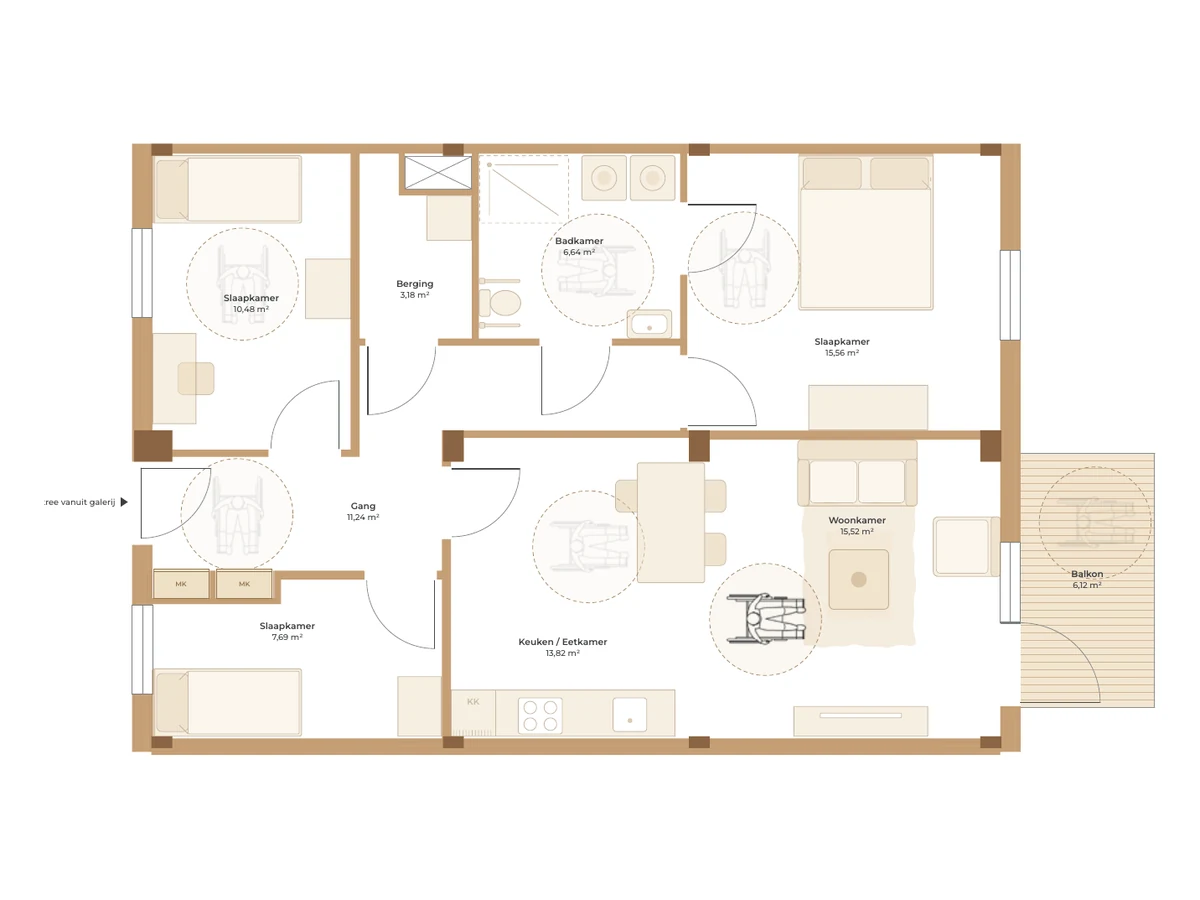 Floor plan of a 4-room assisted living unit according to PMC-19, 89.14 m² gross floor area
